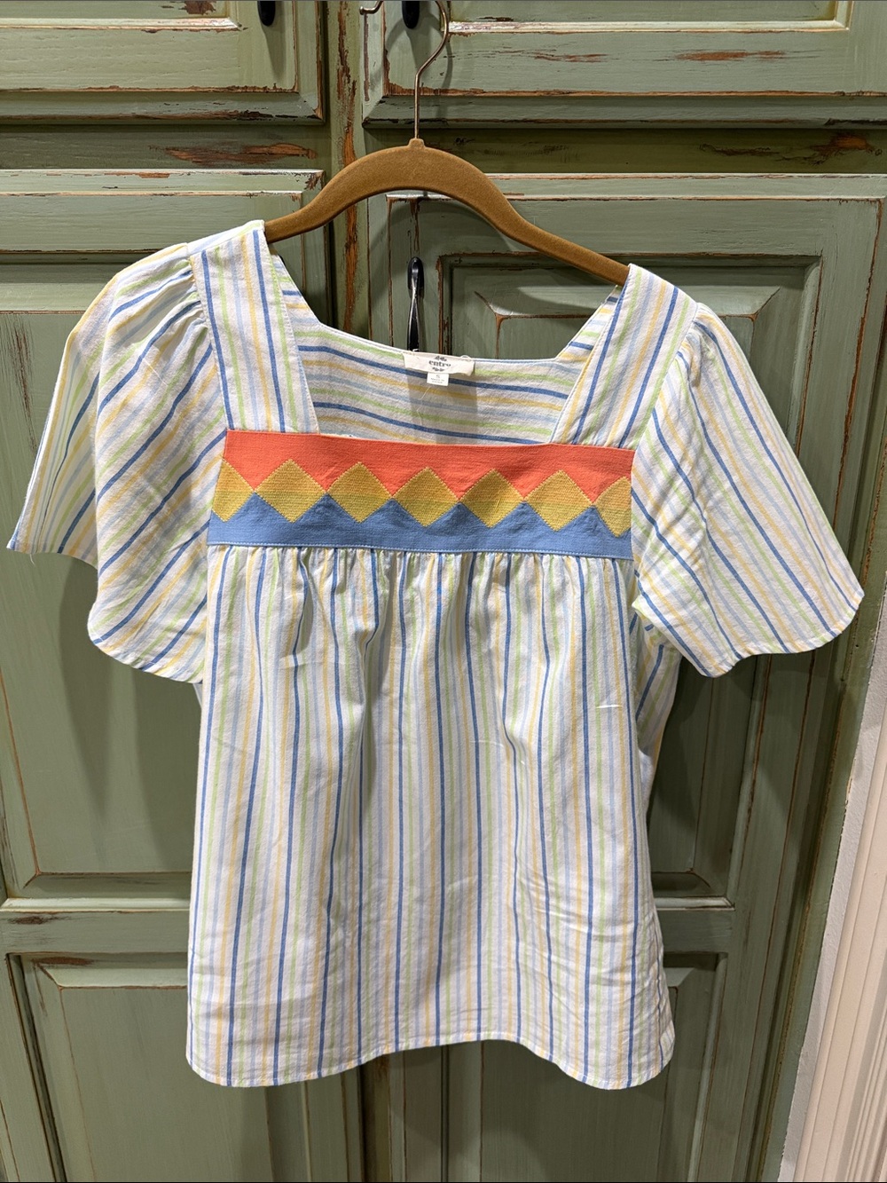 entro Pastel Striped Square-Neck Top with Coral and Yellow Embroidery